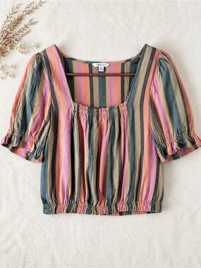 American Eagle Striped Peasant Crop Top Boho Earth Tone Smocked Medium